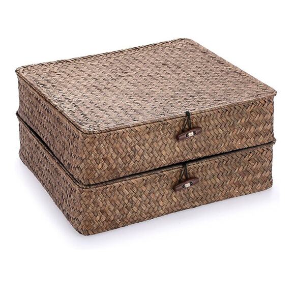 Hipiwe Brown Woven Wicker Basket Bins Lid FLat Storage Baskets Boxes Set Of 2 - Picture 1 of 11